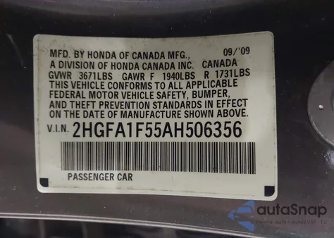 2010 Honda Civic Lx z USA, uszkodzony, nr VIN 2HGFA1F55AH506356